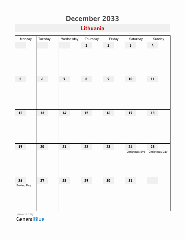 Lithuania December 2033 Calendar with Holidays
