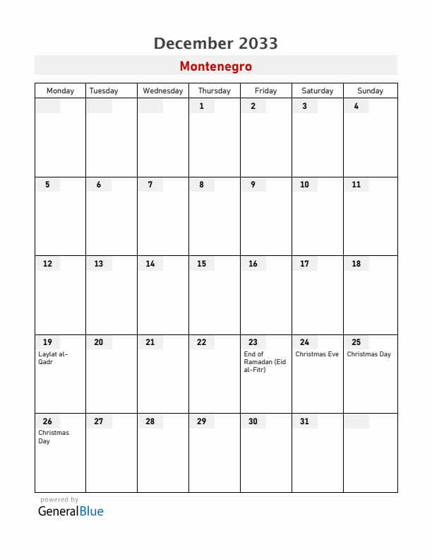 Montenegro December 2033 Calendar with Holidays