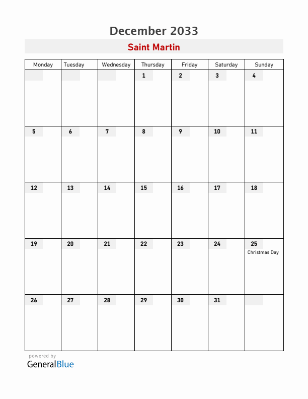 Saint Martin December 2033 Calendar with Holidays