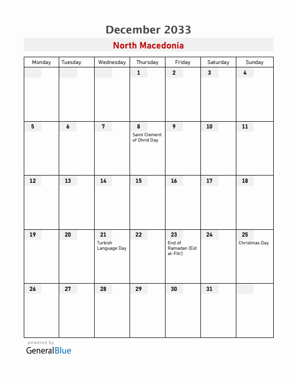 North Macedonia December 2033 Calendar with Holidays