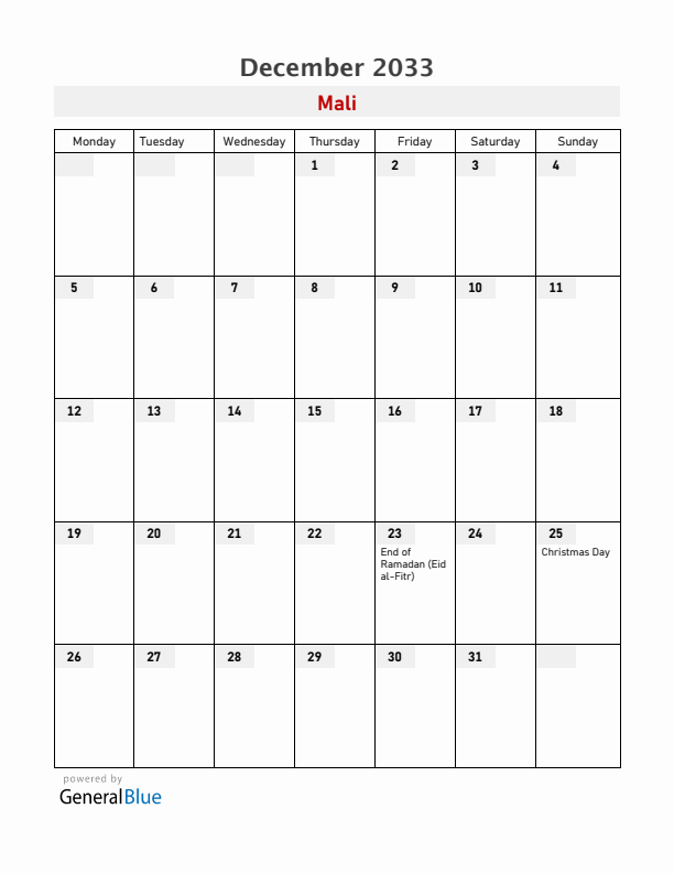 Mali December 2033 Calendar with Holidays