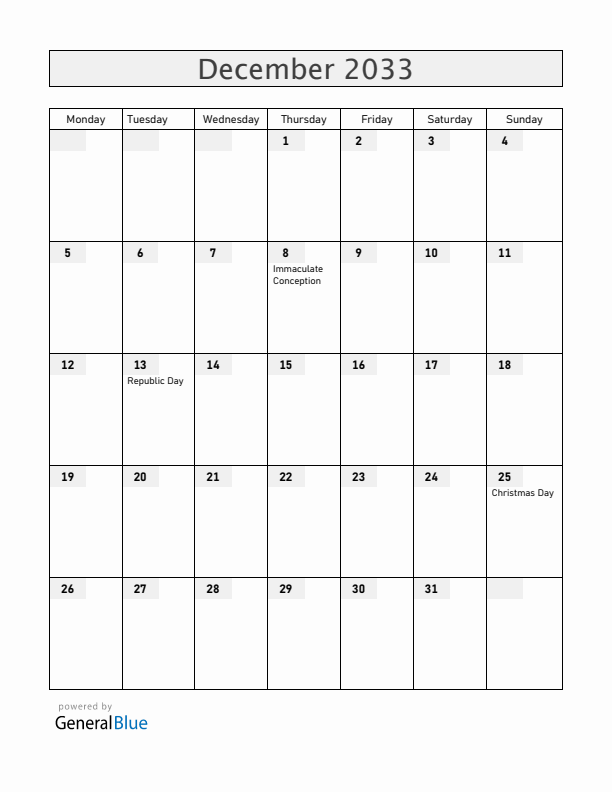 Malta December 2033 Calendar with Holidays