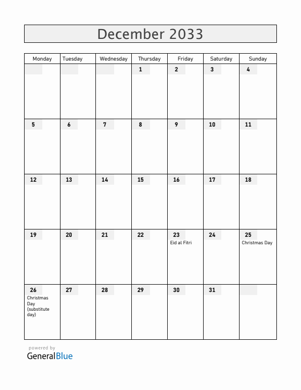 Malawi December 2033 Calendar with Holidays