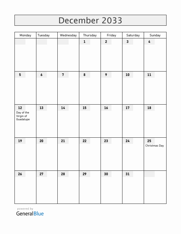 Mexico December 2033 Calendar with Holidays