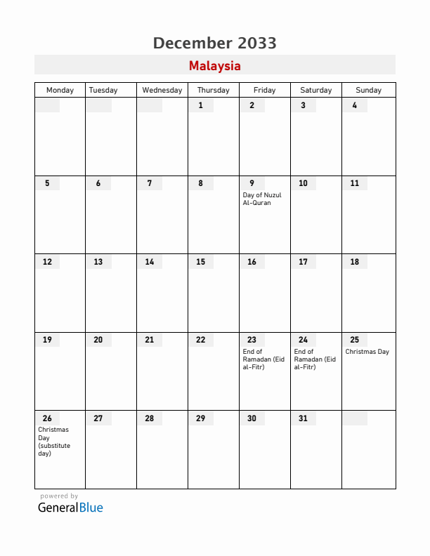 Malaysia December 2033 Calendar with Holidays