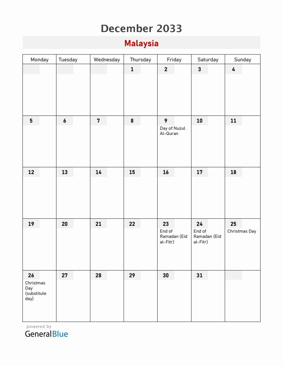 Malaysia December 2033 Calendar with Holidays (Monday Start)