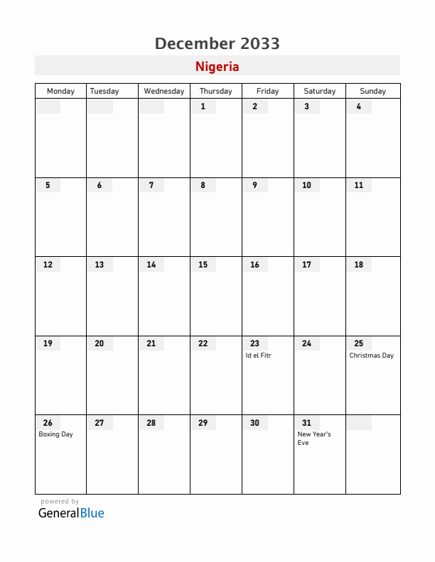 Nigeria December 2033 Calendar with Holidays