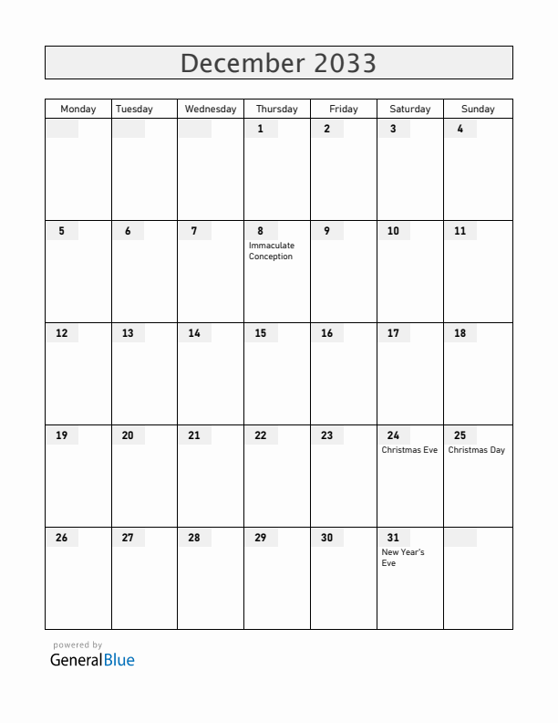 Nicaragua December 2033 Calendar with Holidays