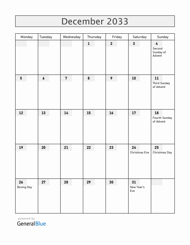 Norway December 2033 Calendar with Holidays
