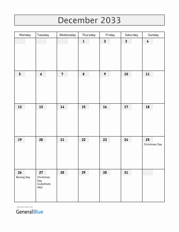 New Zealand December 2033 Calendar with Holidays