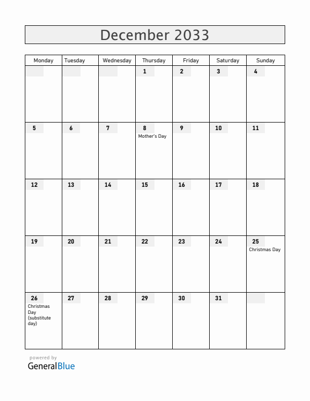 Panama December 2033 Calendar with Holidays