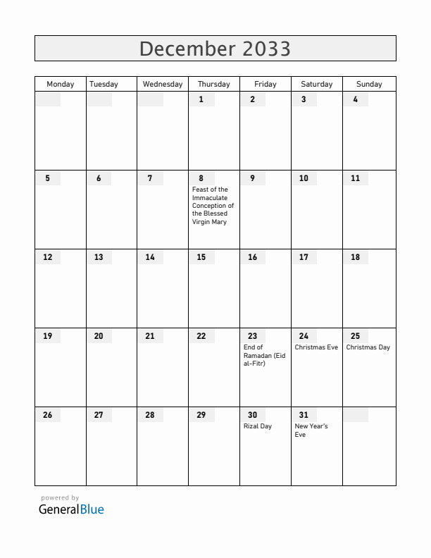 Philippines December 2033 Calendar with Holidays
