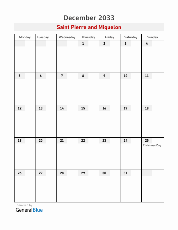 Saint Pierre and Miquelon December 2033 Calendar with Holidays