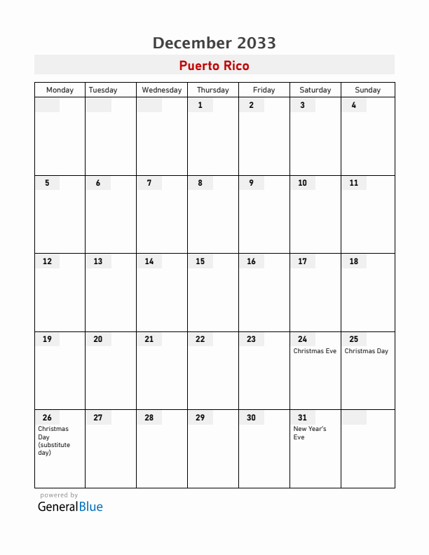 Puerto Rico December 2033 Calendar with Holidays