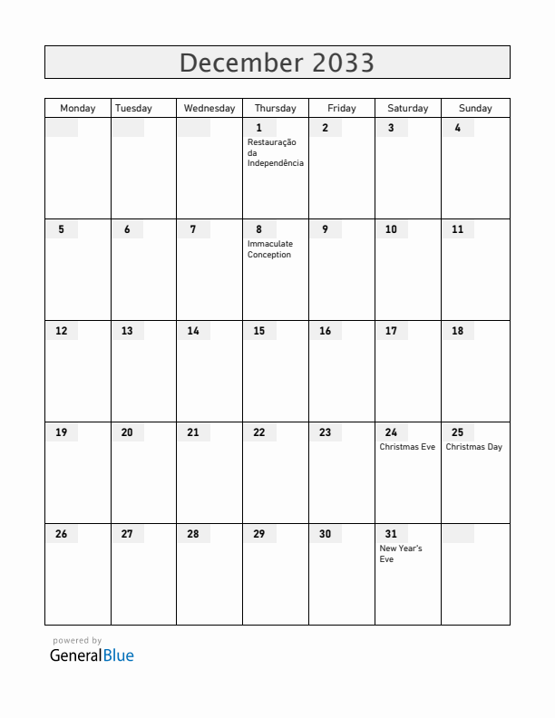 Portugal December 2033 Calendar with Holidays
