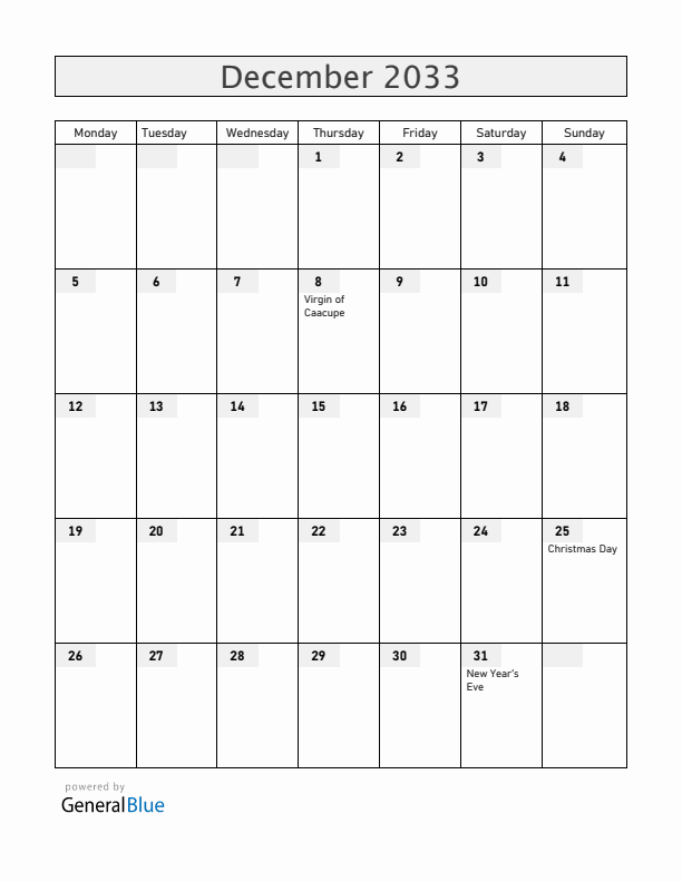 Paraguay December 2033 Calendar with Holidays