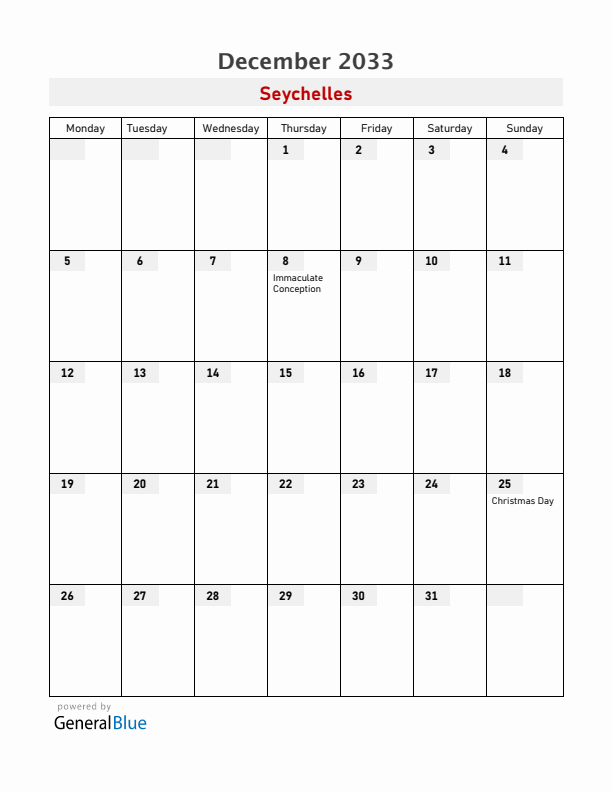 Seychelles December 2033 Calendar with Holidays