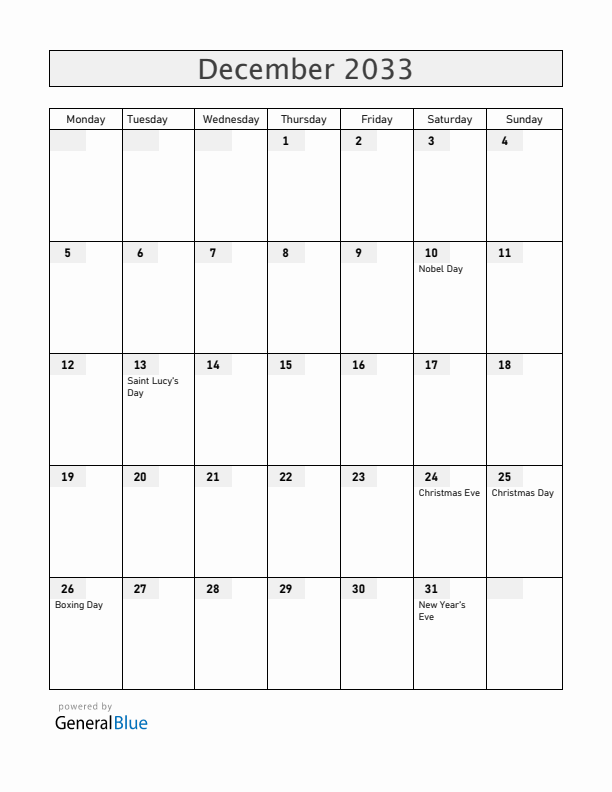 Sweden December 2033 Calendar with Holidays