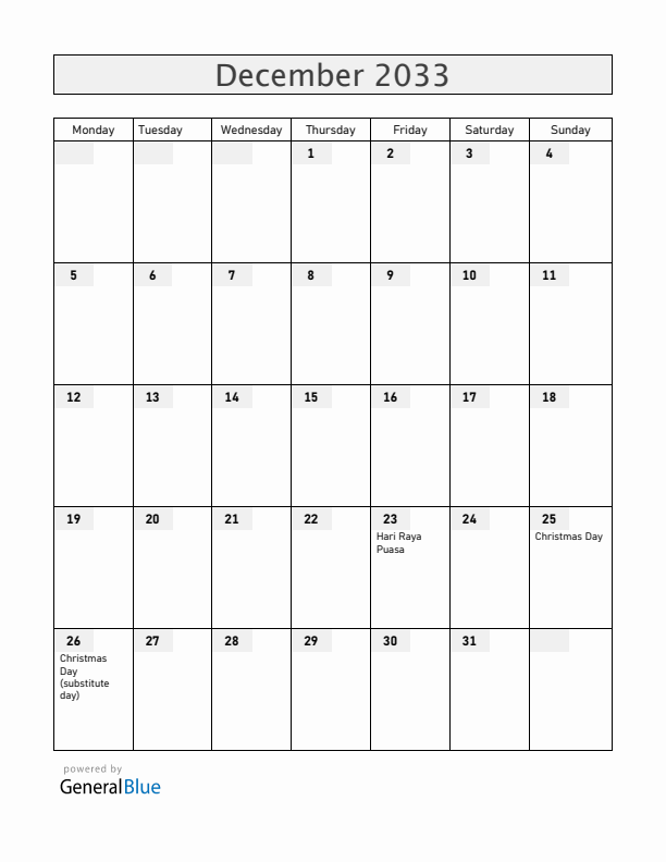Singapore December 2033 Calendar with Holidays