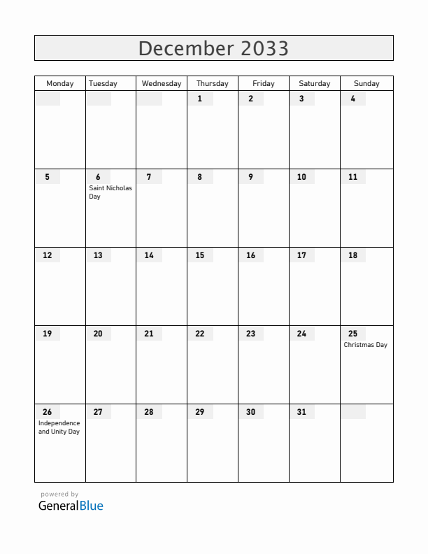 Slovenia December 2033 Calendar with Holidays