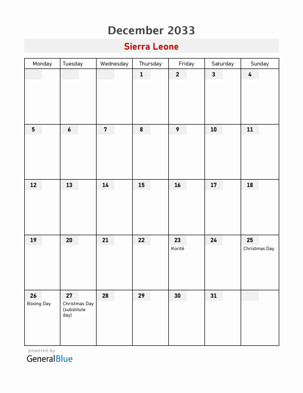 Sierra Leone December 2033 Calendar with Holidays