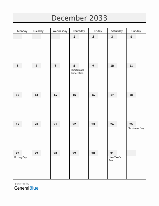 San Marino December 2033 Calendar with Holidays