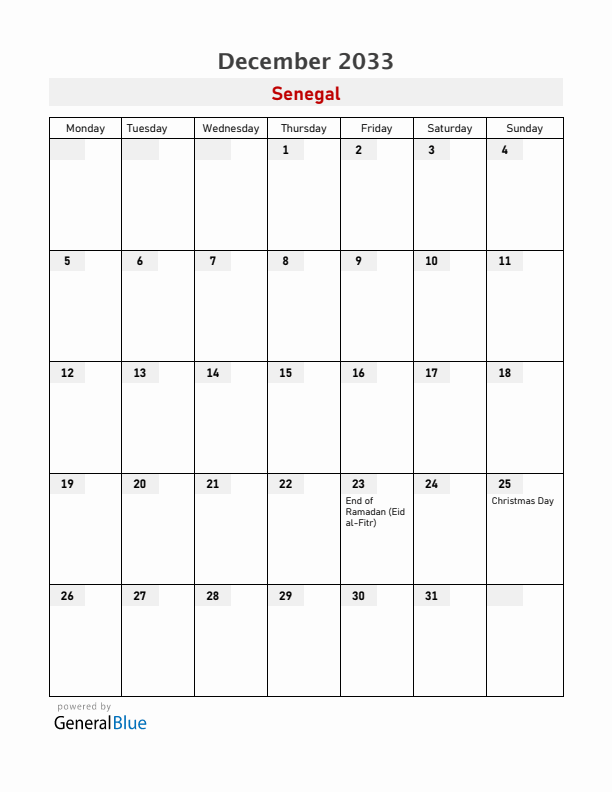 Senegal December 2033 Calendar with Holidays
