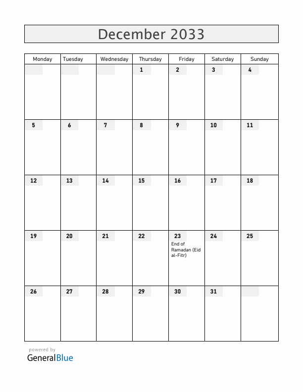 Somalia December 2033 Calendar with Holidays