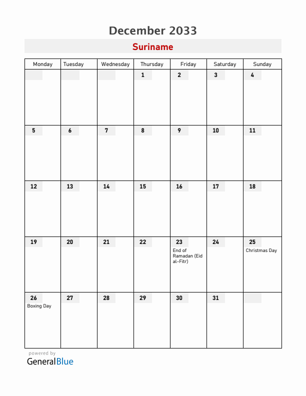 Suriname December 2033 Calendar with Holidays
