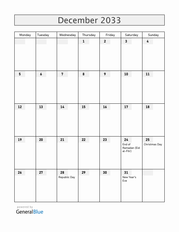 South Sudan December 2033 Calendar with Holidays