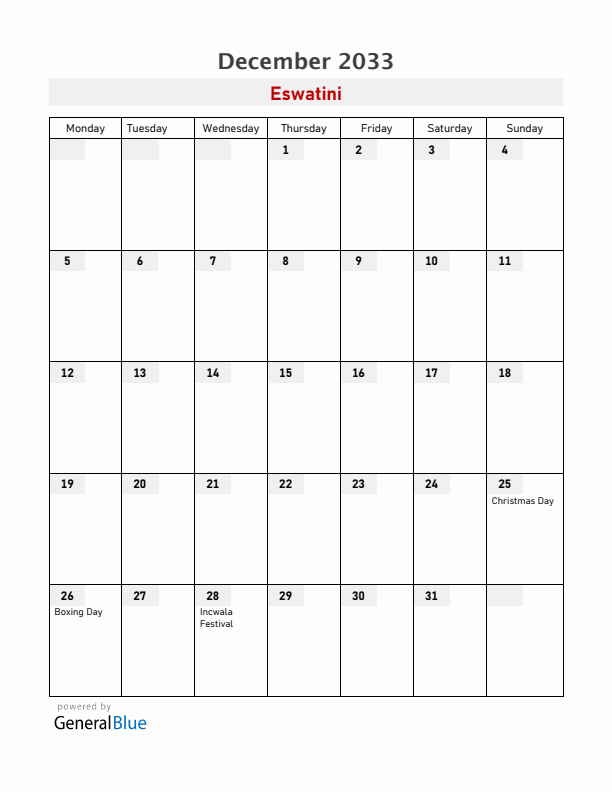 Eswatini December 2033 Calendar with Holidays