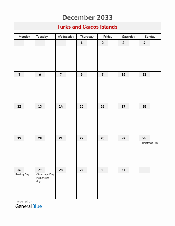 Turks and Caicos Islands December 2033 Calendar with Holidays
