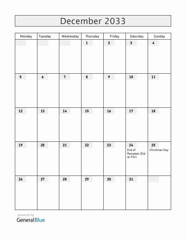 Togo December 2033 Calendar with Holidays