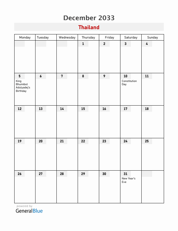 Thailand December 2033 Calendar with Holidays