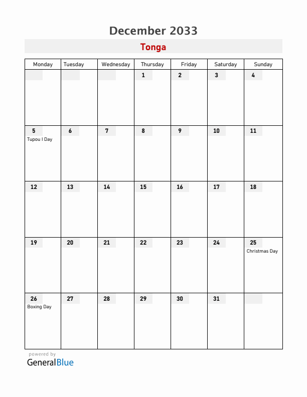 Tonga December 2033 Calendar with Holidays