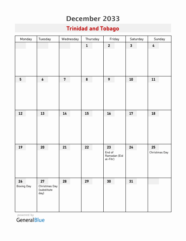 Trinidad and Tobago December 2033 Calendar with Holidays