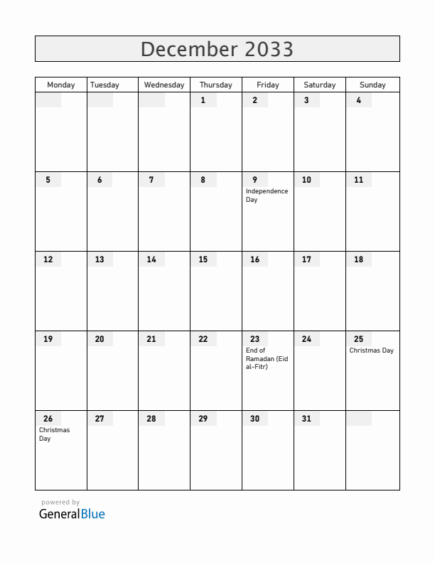 Tanzania December 2033 Calendar with Holidays