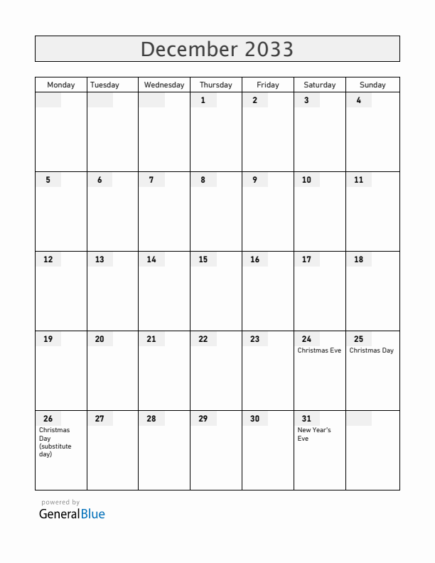 United States December 2033 Calendar with Holidays