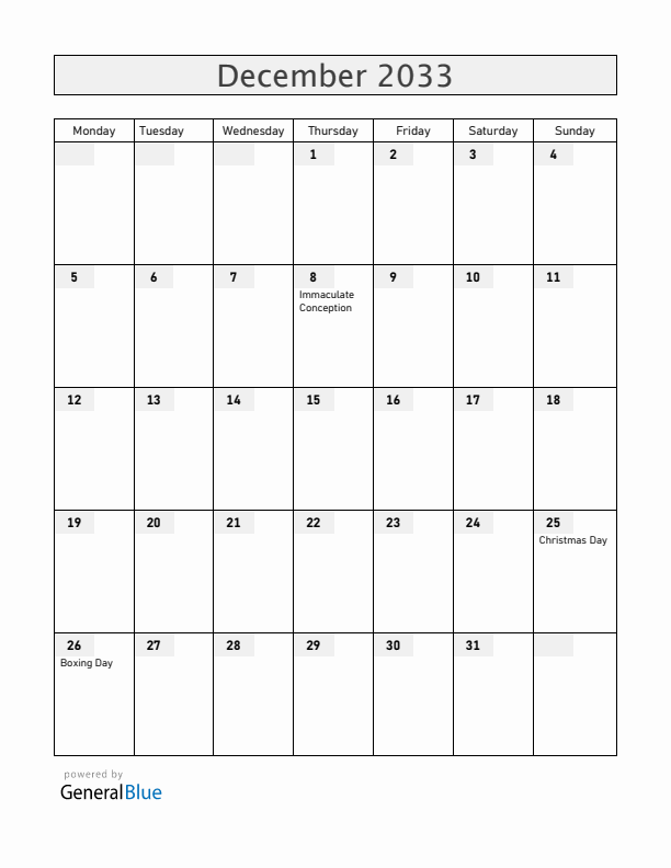 Vatican December 2033 Calendar with Holidays