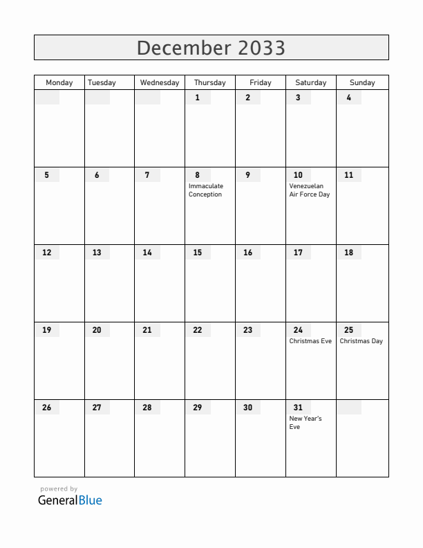 Venezuela December 2033 Calendar with Holidays