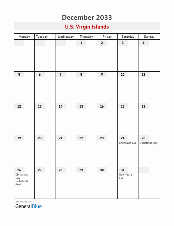 U.S. Virgin Islands December 2033 Calendar with Holidays