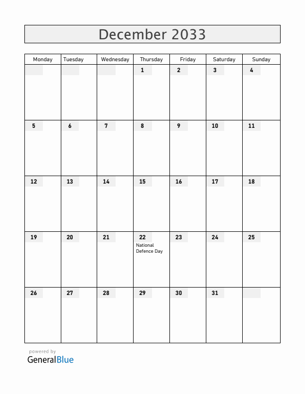 Vietnam December 2033 Calendar with Holidays
