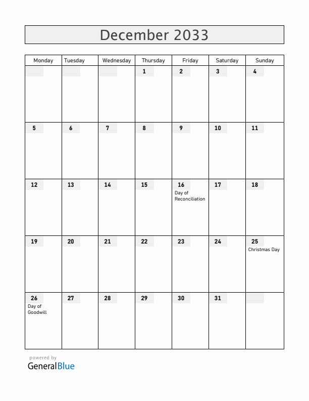 South Africa December 2033 Calendar with Holidays