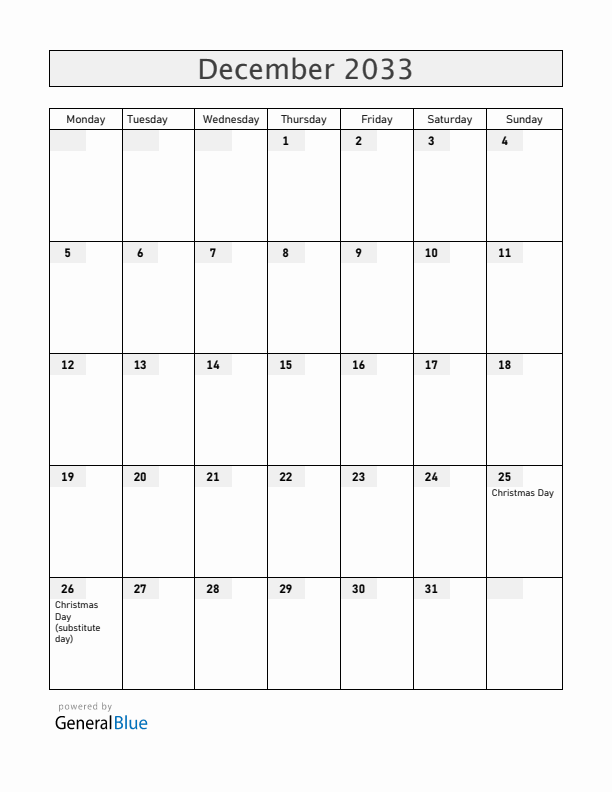 Zambia December 2033 Calendar with Holidays
