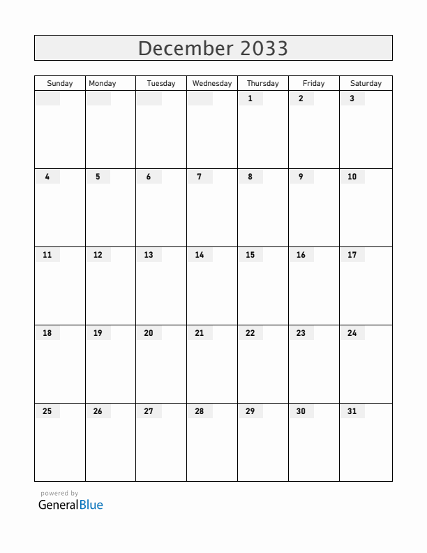 Blank December 2033 Calendar