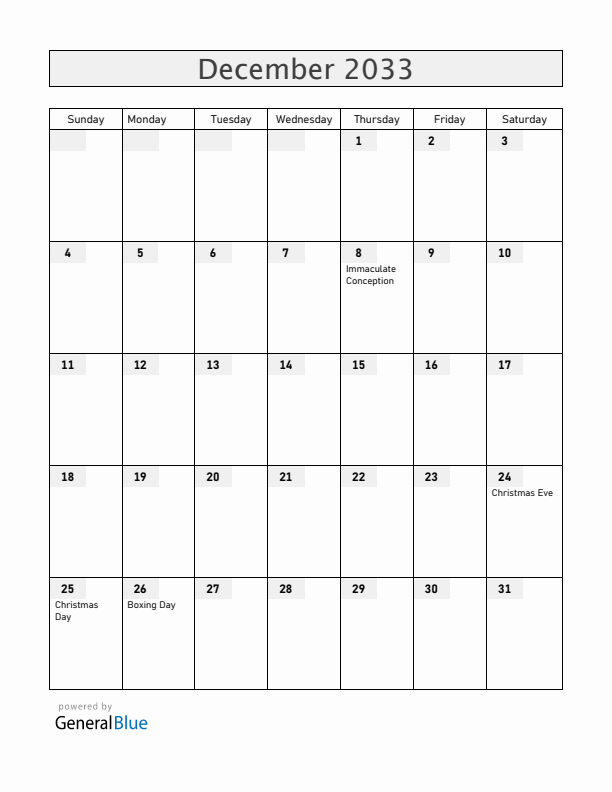 Andorra December 2033 Calendar with Holidays