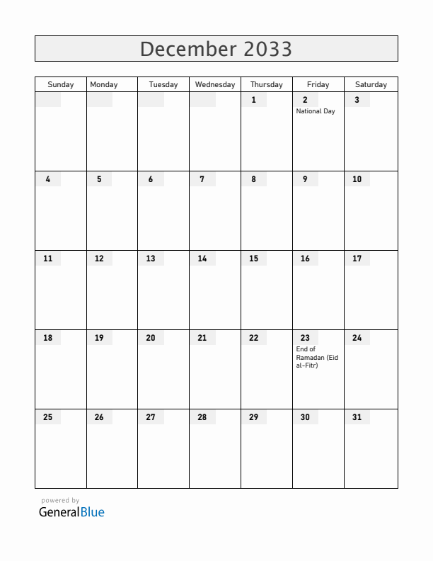 United Arab Emirates December 2033 Calendar with Holidays