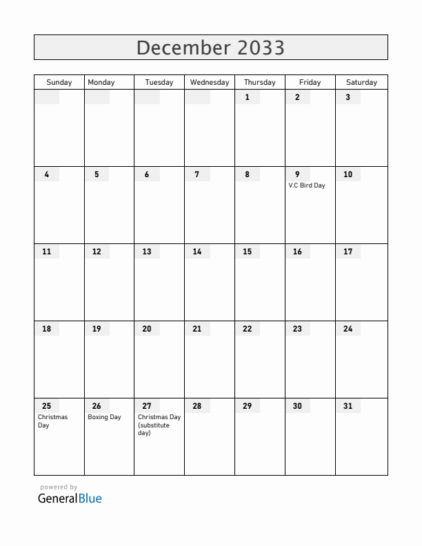 Antigua and Barbuda December 2033 Calendar with Holidays