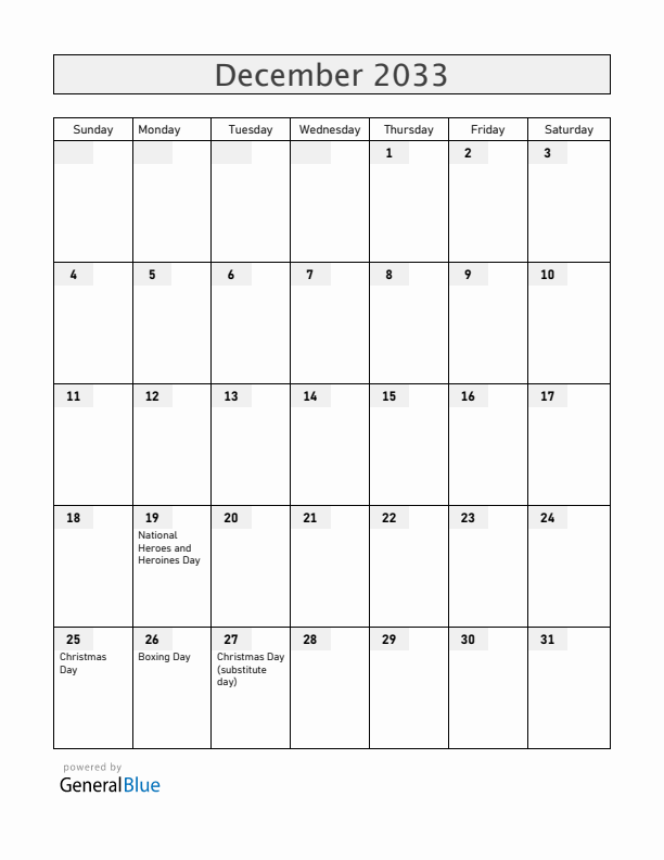 Anguilla December 2033 Calendar with Holidays