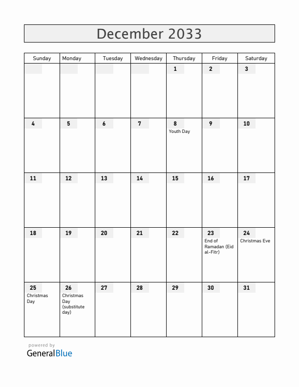 Albania December 2033 Calendar with Holidays